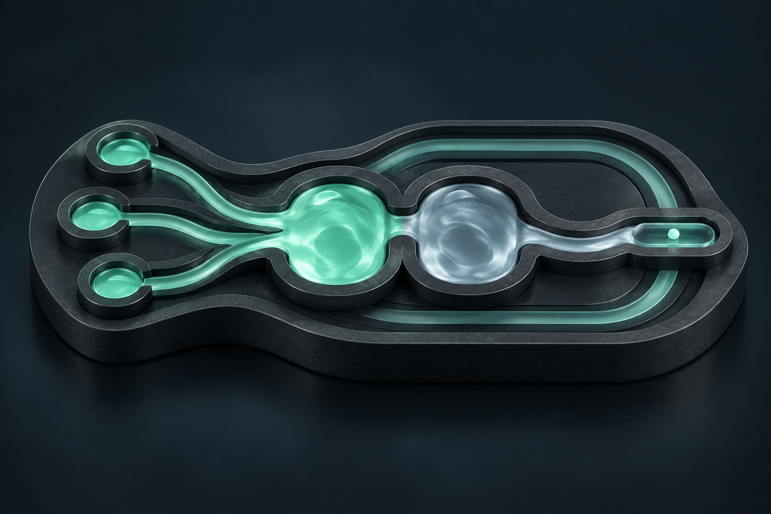 Separate mint liquidity channels converge into a shared graphite pool, with a connected exchange port and a nested range track